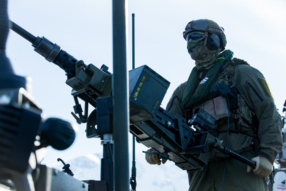 A Norwegian Coastal Ranger Commando (KJK) stands watch during Exercise Platinum Ren