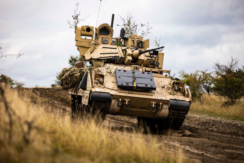 A M2 Bradley Infantry Fighting Vehicle assigned to 1st Battalion, 16th Infantry Regiment “Iron Rangers,” 1st Armored Brigade Combat Team