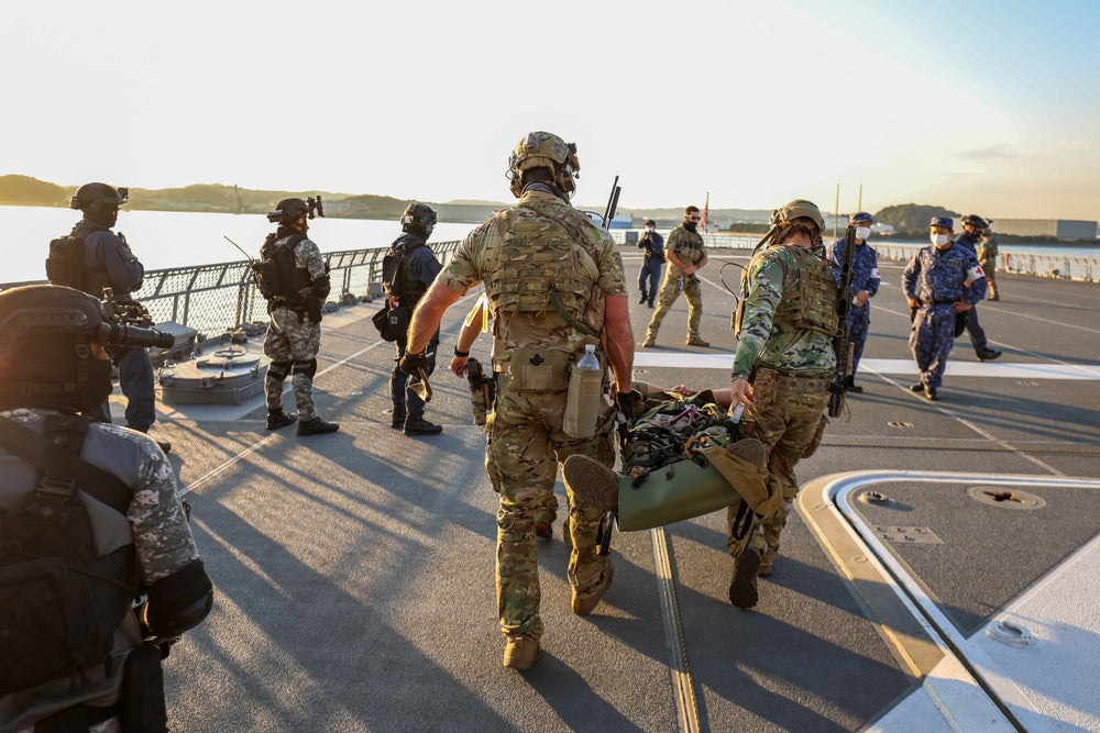 Sailors with U.S. Naval Special Warfare, Japan Maritime Self Defense Force Special Boarding Unit and the Indian Navy Marine Commando Force