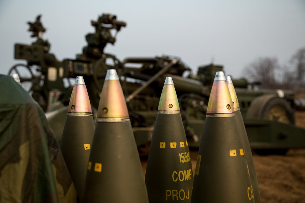 M795 High Explosive (HE) Projectile 155 mm rounds are prepped and staged to conduct field artillery training on Warrior Base, New Mexico Range