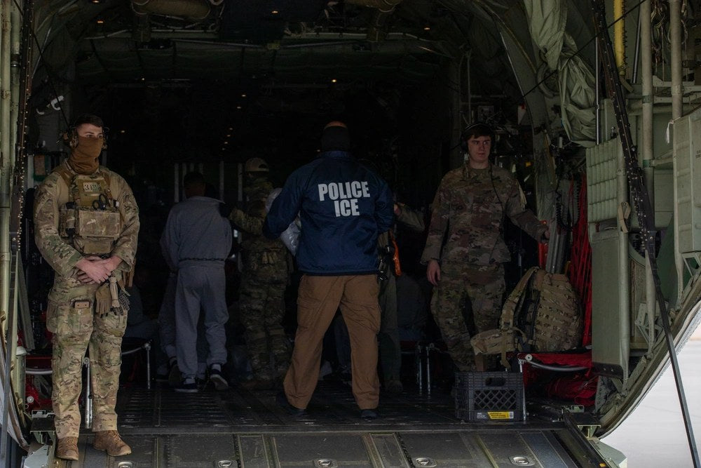 U.S. Immigration and Customs Enforcement personnel support a deportation flight at Fort Bliss, Texas, Feb. 10, 2025. The image is illustrative and does not depict Cristy Maryori Villafranca-Trejo’s deportation.