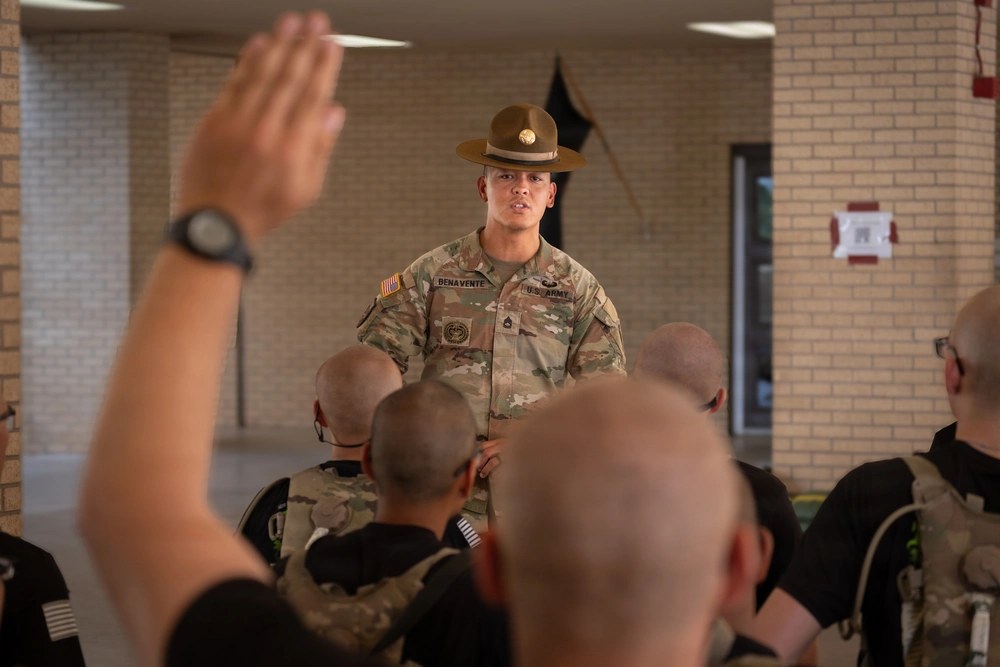 U.S. Army Reserve Sgt. 1st Class Robert Benavente addresses Basic Combat Training trainees at Fort Sill, Oklahoma, on Aug. 16, 2026, during Operation Wildcat Rising, an experiment testing how Reserve drill sergeant formations could expand Army training