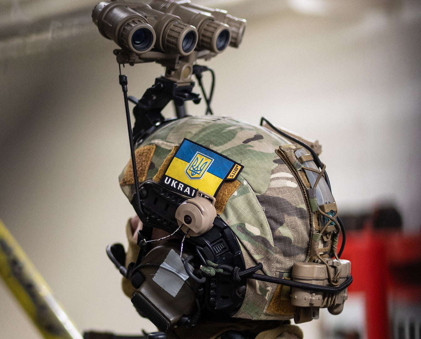 An operator from the Ukrainian Special Purpose Unit checks a stairwell while conducting a simulated assault on an oil rig during exercise Night Hawk 21