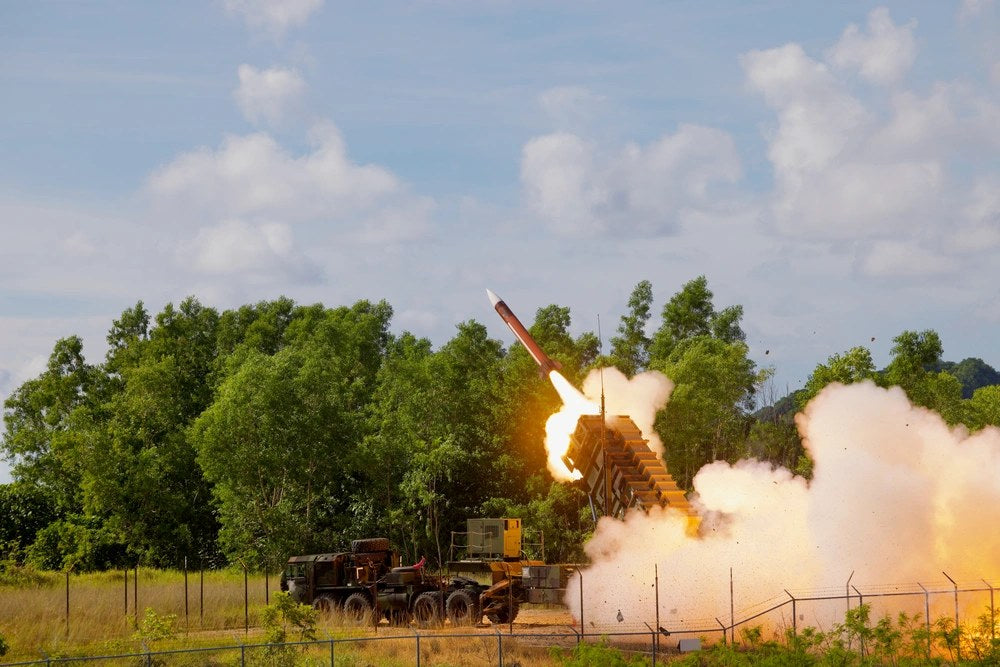 A Patriot Advanced Capability 2 interceptor launches from an M903 Patriot system during Exercise Tenacious Archer 25 in Palau on Aug. 21, 2025. U.S. Army photo by Capt. Frank Spatt.