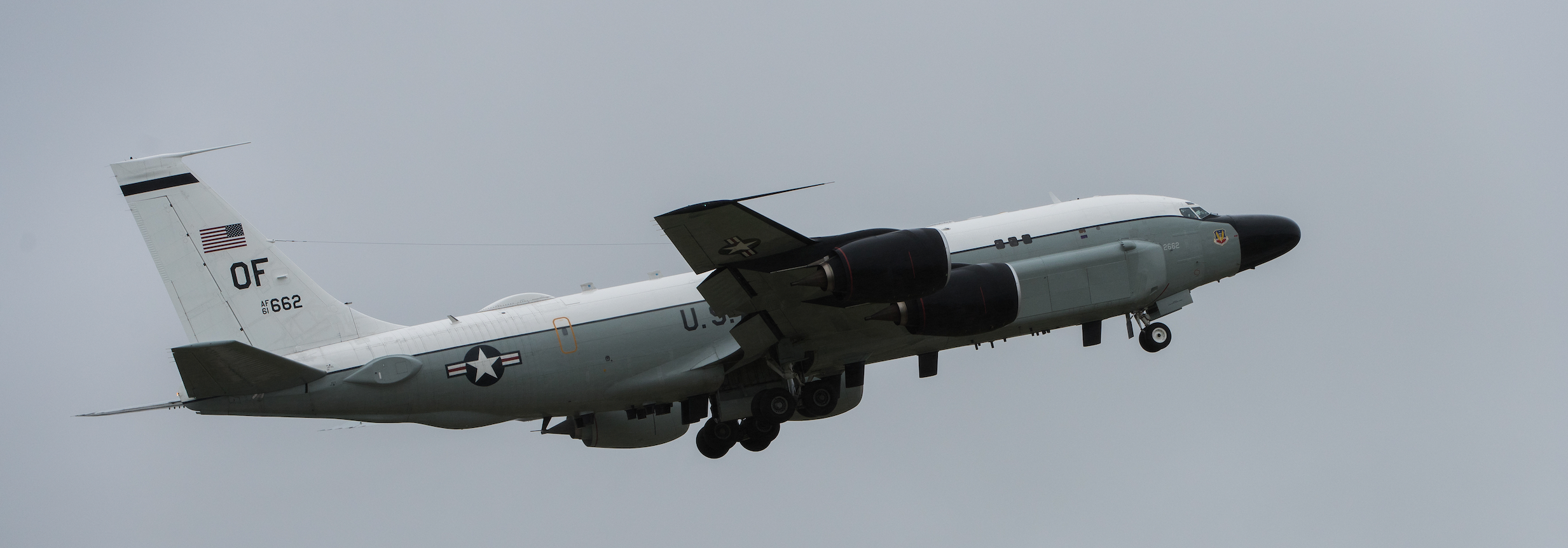 A U.S. Air Force RC-135S Cobra Ball aircraft assigned to the 45th Reconnaissance Squadron takes off from Offutt Air Force Base