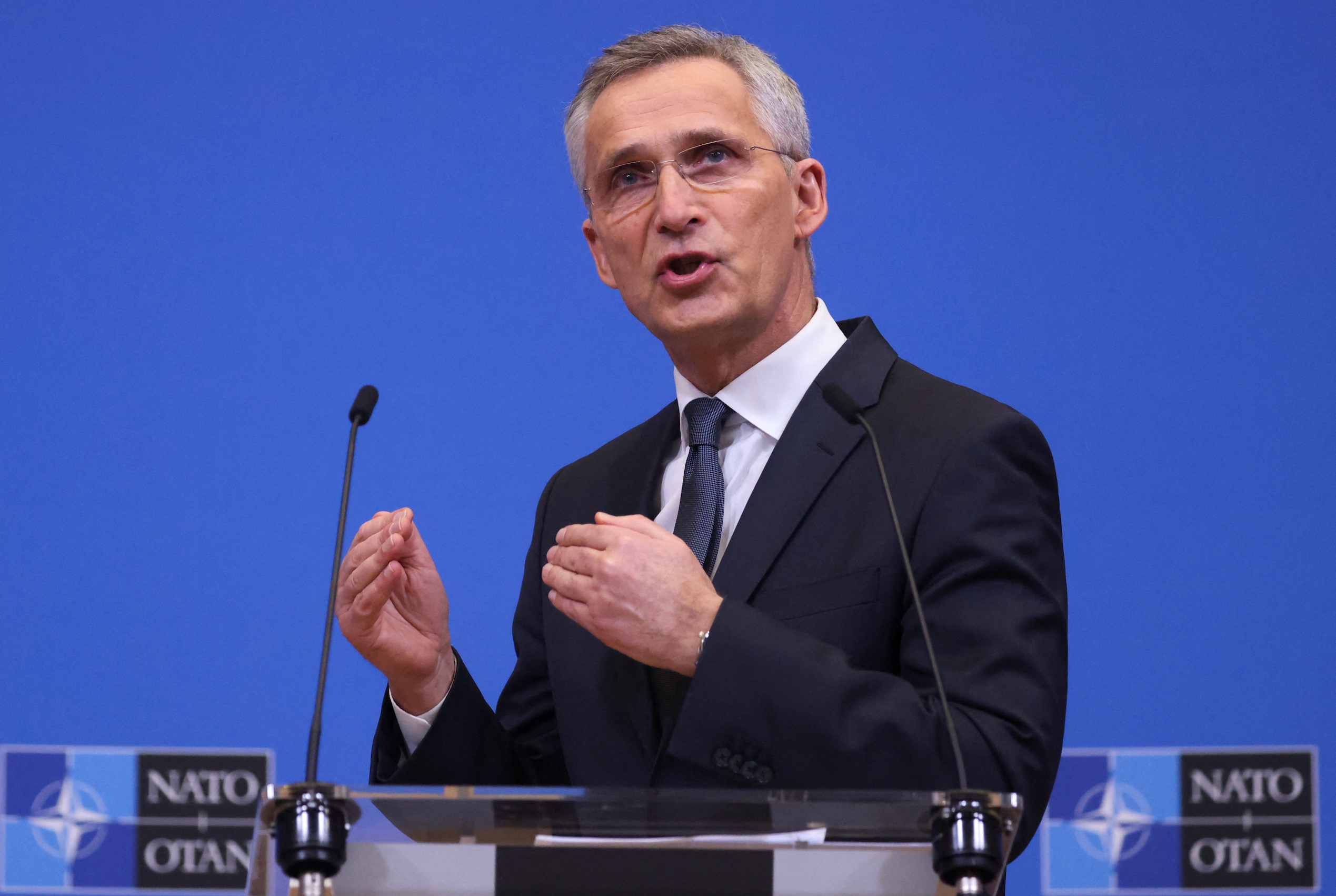 NATO Secretary-General Jens Stoltenberg speaks as he holds a news conference on Russia's attack on Ukraine