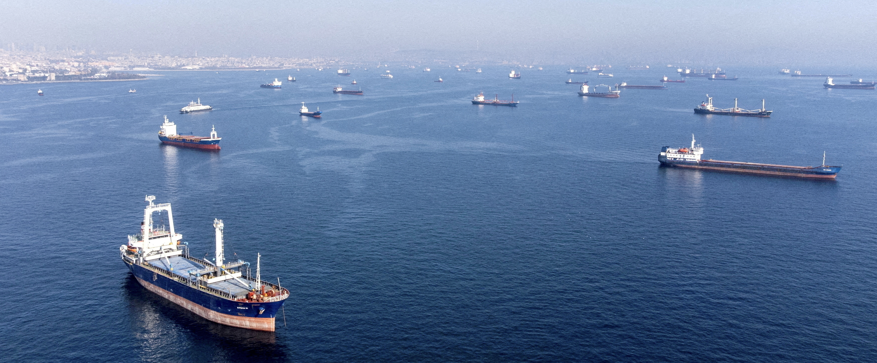 Commercial vessels including vessels which are part of Black Sea grain deal wait to pass the Bosphorus strait off the shores