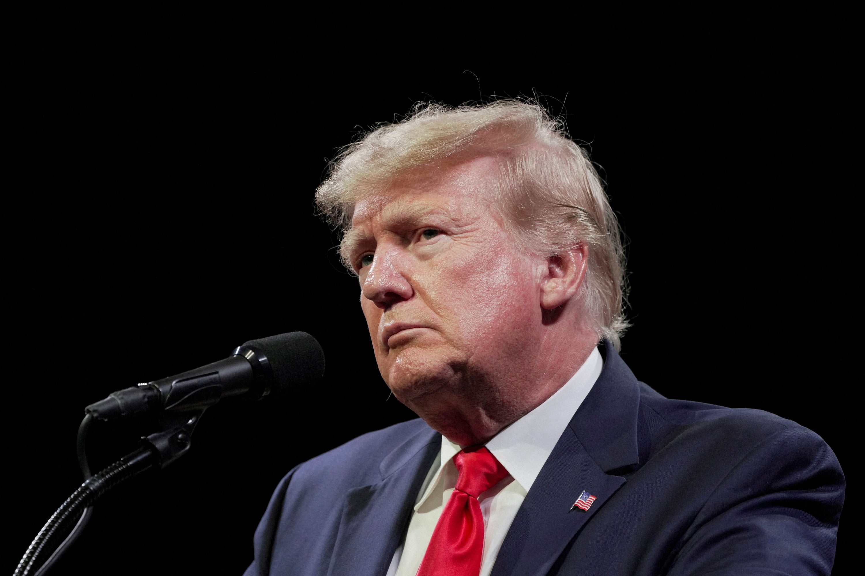 Former U.S. President Donald Trump speaks to an audience at the "American Freedom Tour" event in Memphis, Tennessee