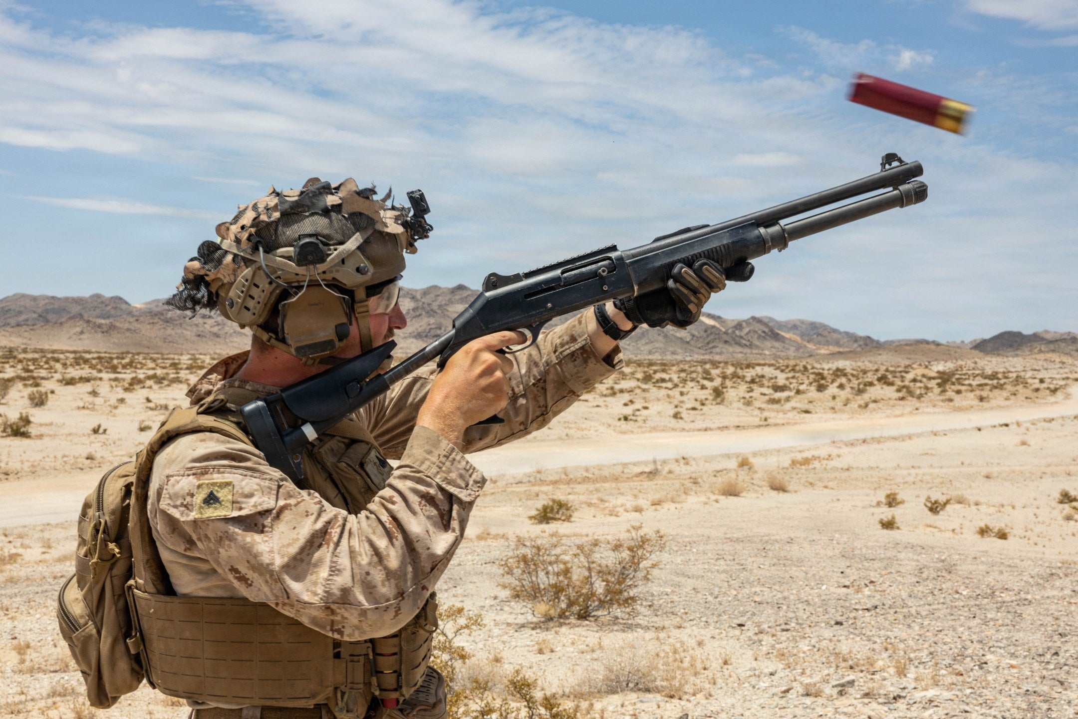 U.S. Marine Corps Cpl. Ethan Camarco fires an M1014 combat shotgun during counter-small unmanned aerial system training at Marine Corps Air Ground Combat Center Twentynine Palms, California, July 17, 2026. (U.S. Marine Corps photo by Lance Cpl. Cody