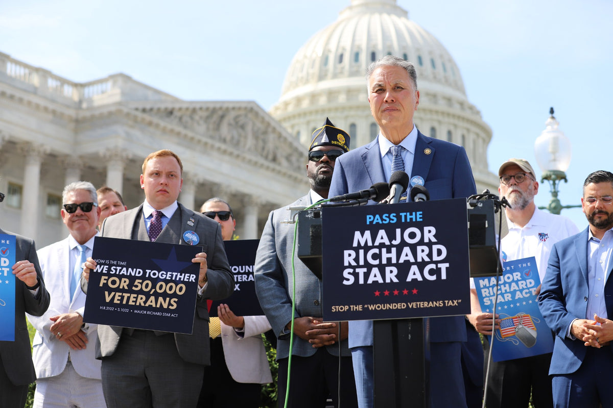 Lawmakers and veterans advocates gather outside the U.S. Capitol on June 4, 2026, to push for passage of the Major Richard Star Act, which would change the retirement-pay offset affecting combat-injured veterans. Photo via the House Committee on