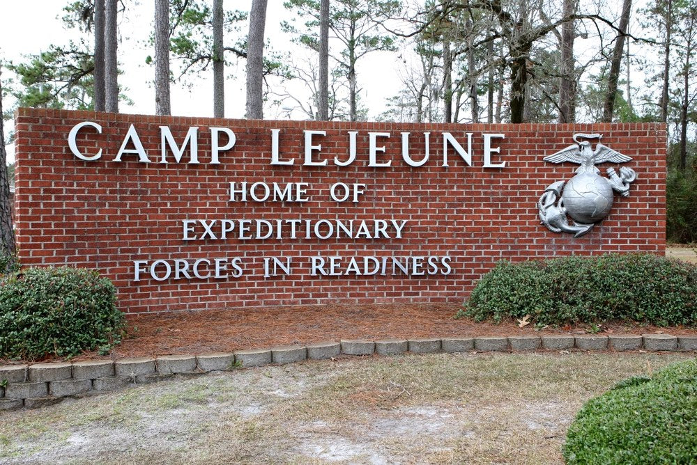 A welcome sign stands outside Holcomb Gate at Marine Corps Base Camp Lejeune, North Carolina. Sgt. Matthew Ingalls, an active-duty Marine stationed at Camp Lejeune, was mistakenly connected through court-service records to a Cornell lawsuit intended for