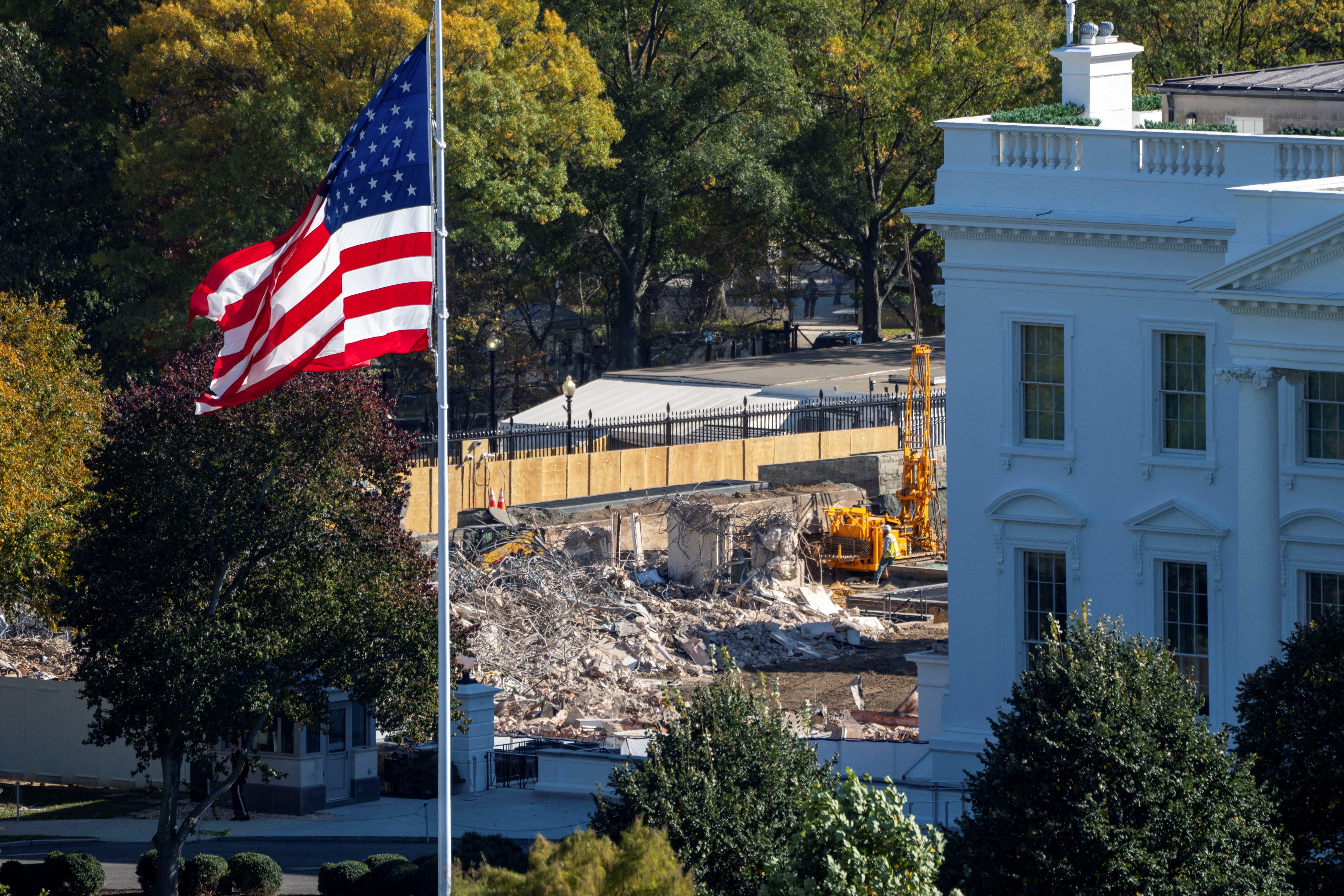 FILE PHOTO: The demolition of the East Wing of the White House, the location of U.S. President Donald Trump's proposed ballroom is seen from an elevated position on the North side of the White House in Washington, D.C., U.S., October 23, 2025. REUTERS/