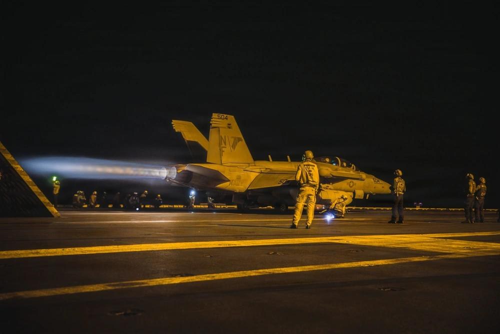 A U.S. Navy EA-18G Growler launches from the aircraft carrier USS George Washington during flight operations in the Middle East on September 1, 2026. U.S. officials have warned regional allies to prepare for possible renewed strikes against Iran after