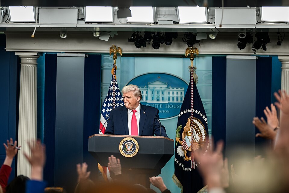 Illustrative file photo. President Donald Trump speaks with members of the media in the James S. Brady Press Briefing Room at the White House on Jan. 20, 2026. CNN, MS NOW and Politico filed a federal lawsuit Sept. 21 after the White House revoked their