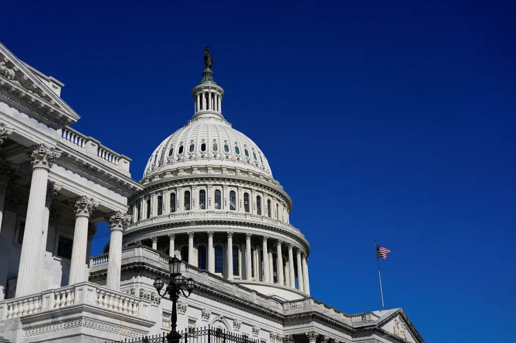 The U.S. Capitol in Washington, D.C. A congressional proposal would raise the VA funding fee on certain streamline refinance loans from 0.50% to 1.42%, potentially increasing the fee on a $400,000 refinance from $2,000 to $5,680.