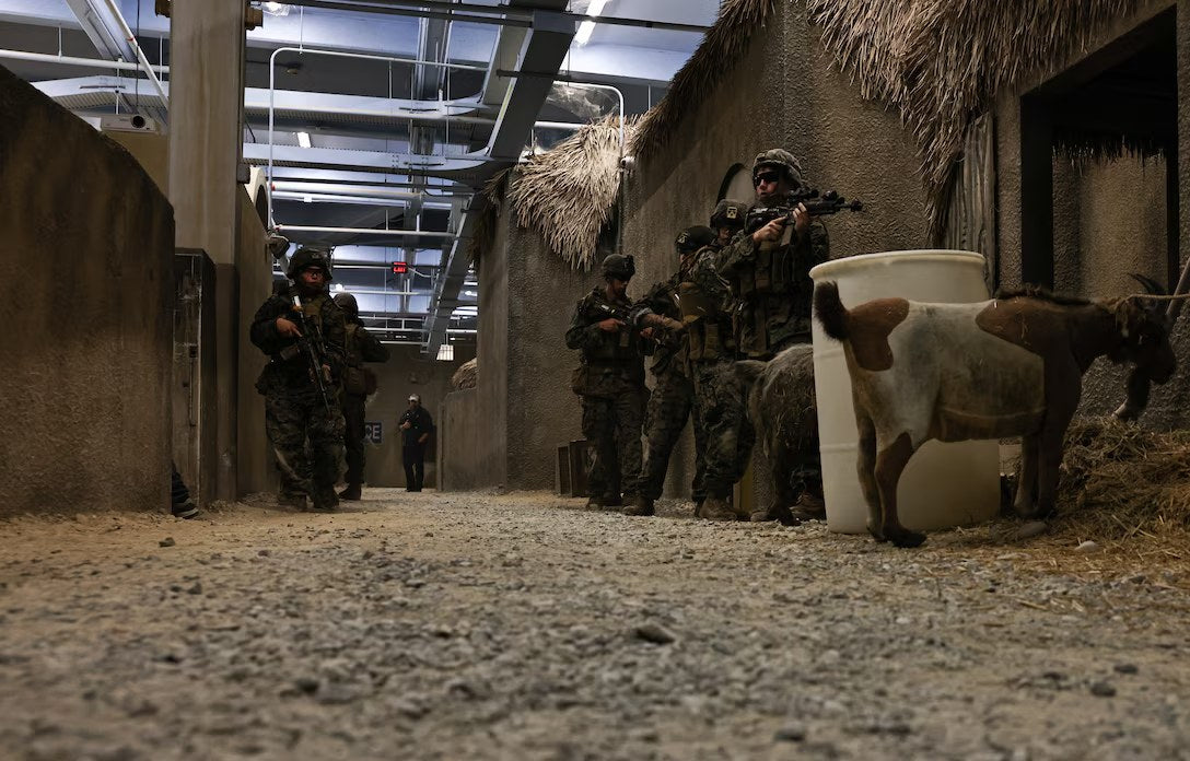U.S. Marines with India Company, 3rd Battalion, 2nd Marines conduct training at the Infantry Immersion Trainer at Camp Lejeune, North Carolina, in April 2023. Marine veteran Micah James Legnon pleaded guilty Sept. 8 to a terrorism conspiracy after