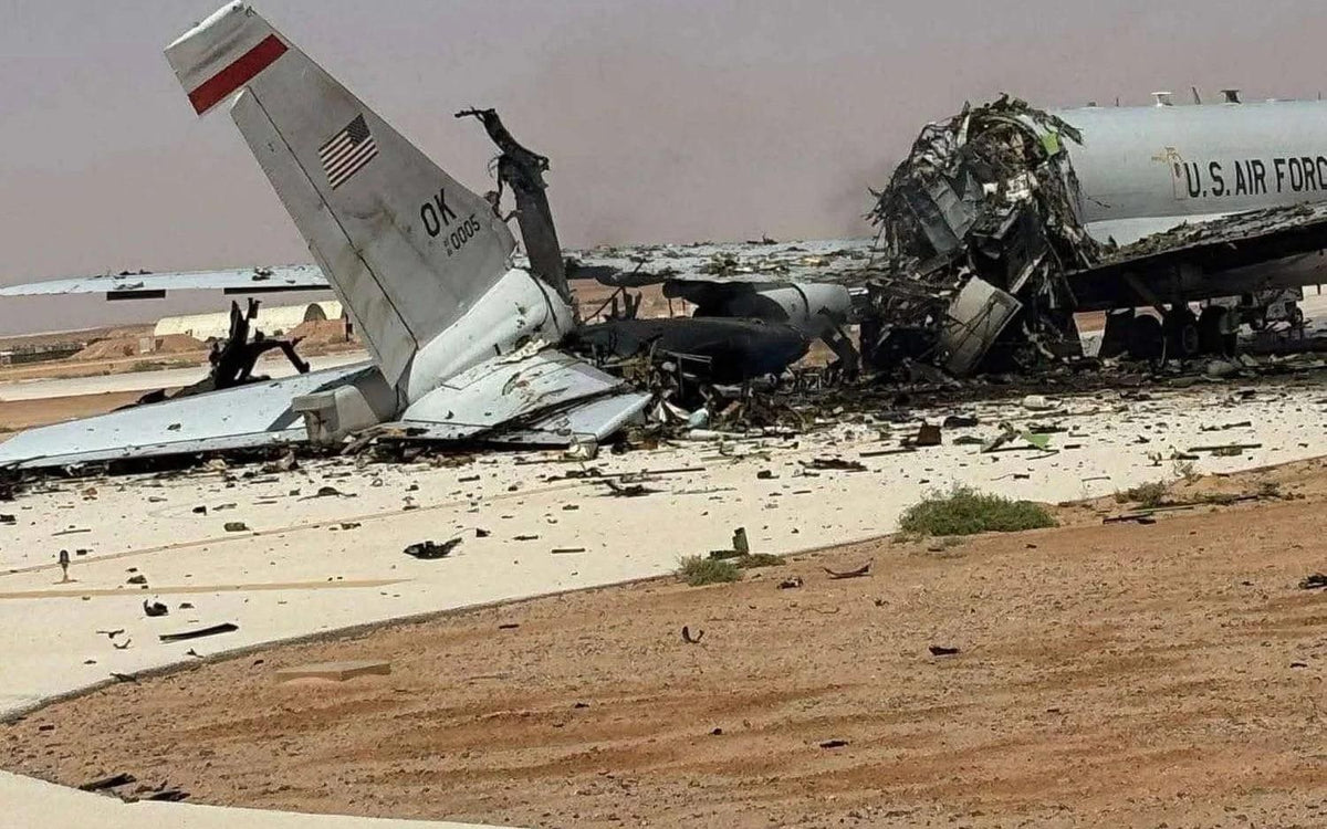 A U.S. Air Force E-3 Sentry airborne warning aircraft lies severely damaged at Prince Sultan Air Base in Saudi Arabia following an Iranian attack on March 27, 2026. A new Associated Press investigation reports allegations that Russian satellite