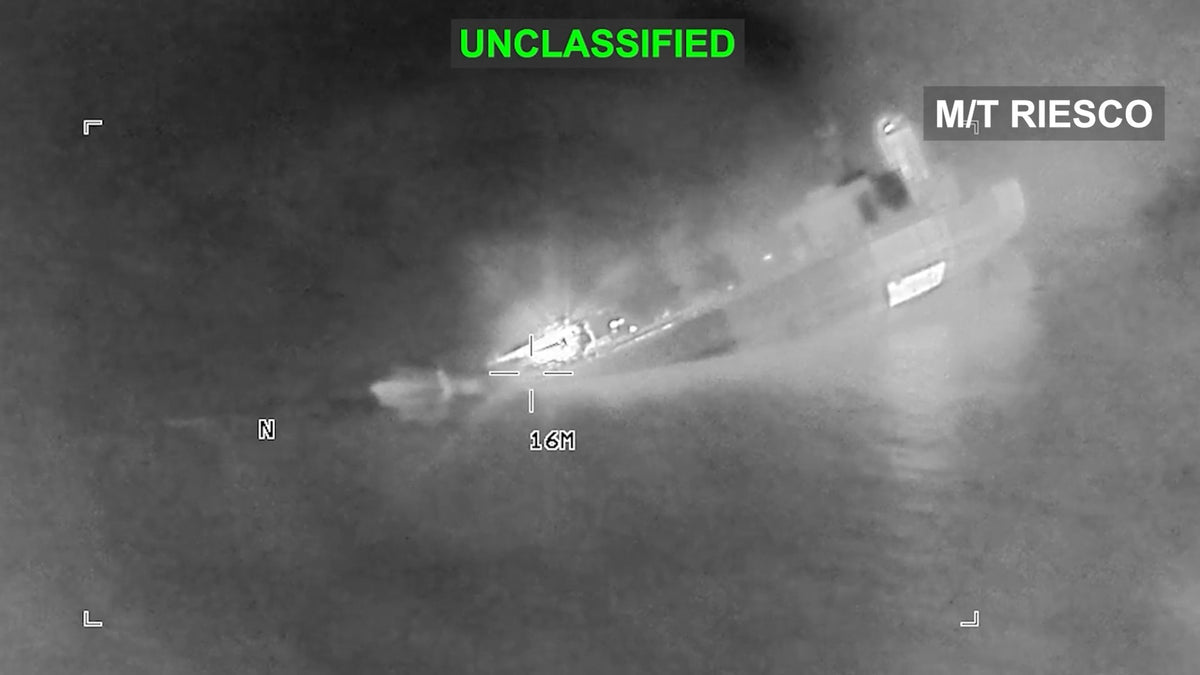 Iranian crude oil carrier M/T Riesco is shown after being struck in the Gulf of Oman on Sept. 8, 2026. CENTCOM said U.S. forces targeted the vessel after attempted IRGC missile attacks on a U.S. Navy warship. (U.S. Central Command)