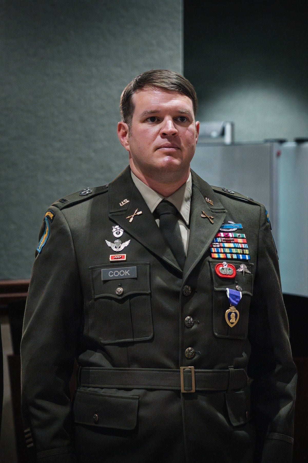U.S. Army Chief Warrant Officer 2 Corey L. Cook stands after receiving the Purple Heart at Fort Carson, Colorado, Sept. 15, 2026. Cook was wounded when a 120-pound IED detonated beneath his vehicle in Afghanistan nearly 16 years earlier. (U.S. Army photo