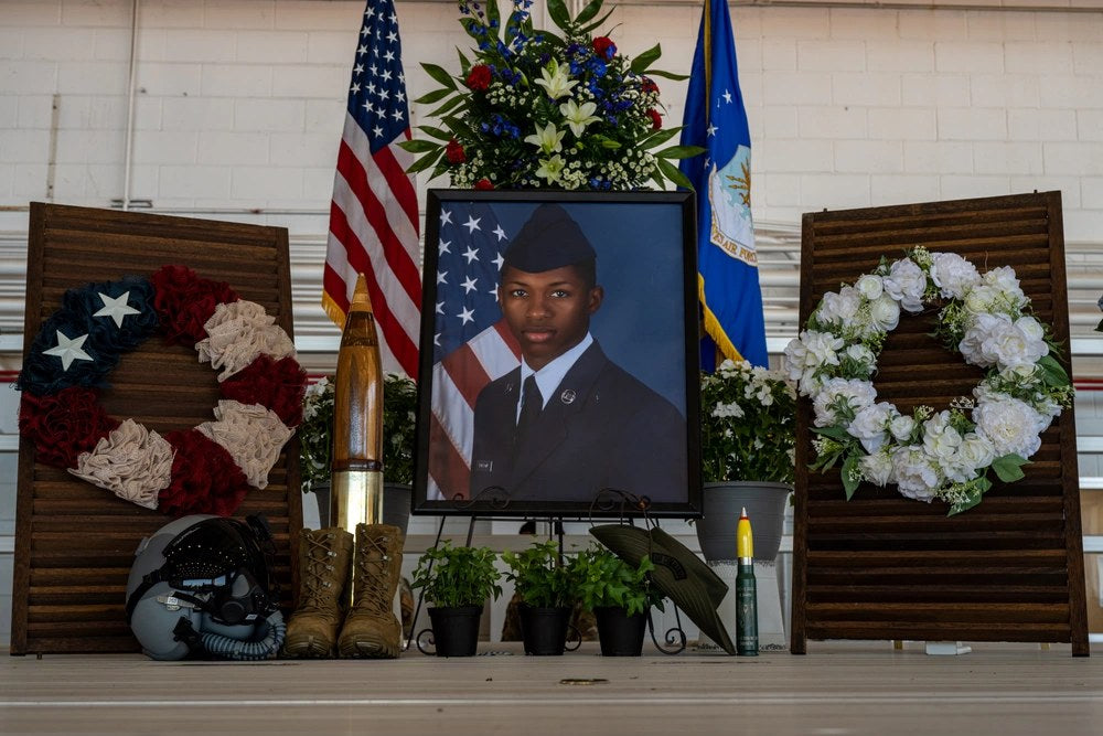 A portrait of U.S. Air Force Senior Airman Roger Fortson is displayed during his memorial service at Hurlburt Field, Florida, on May 20, 2024. A Florida jury acquitted former Okaloosa County sheriff’s deputy Eddie Duran of manslaughter in Fortson’s