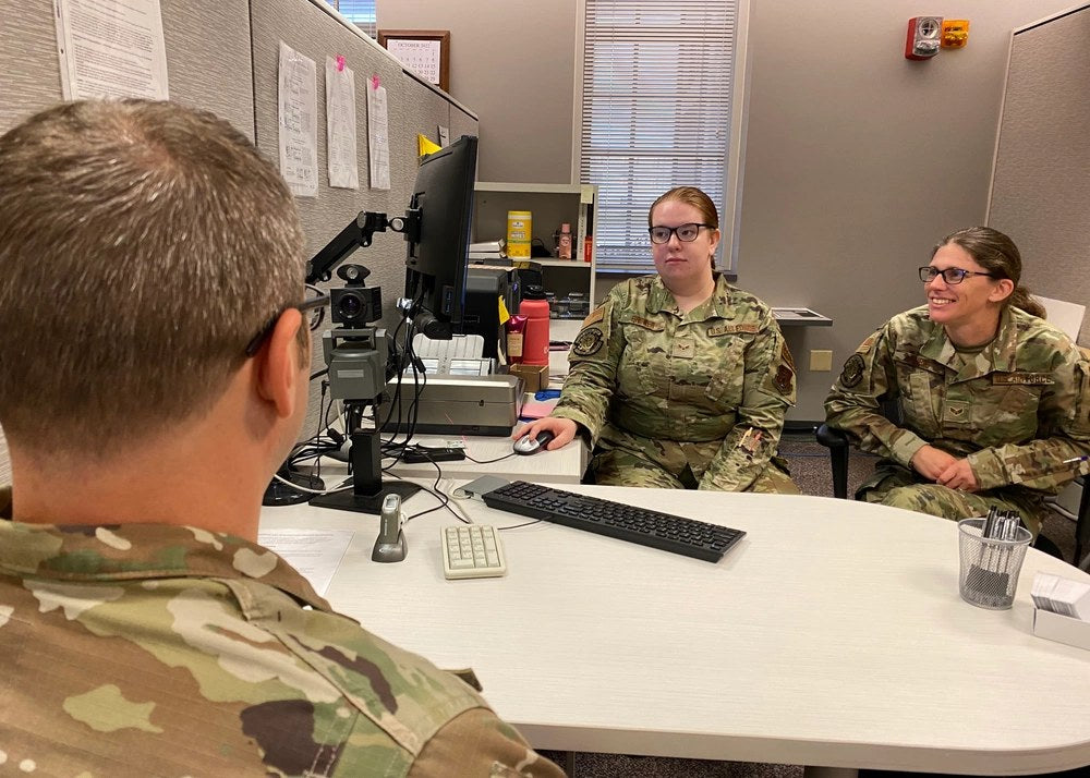 Airmen process Common Access Cards at the 127th Force Support Squadron at Selfridge Air National Guard Base, Michigan, in November 2022. (U.S. Air National Guard photo by Master Sgt. Dan Heaton)