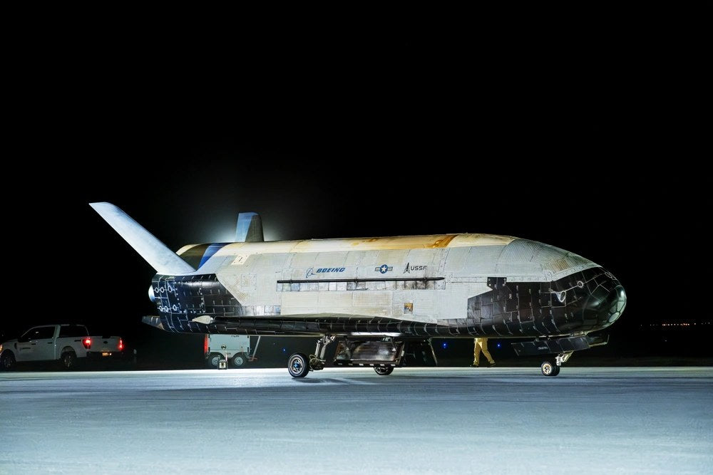 The U.S. Space Force's X-37B Orbital Test Vehicle sits at Vandenberg Space Force Base, California, after completing its seventh mission March 7, 2025. The unmanned spaceplane spent more than 434 days in orbit and demonstrated advanced orbital maneuvering