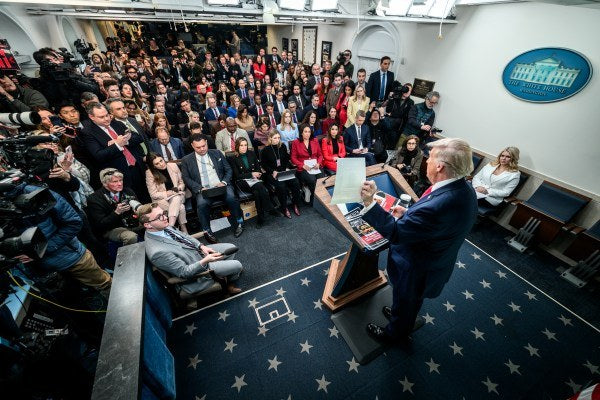 Illustrative photo: President Donald Trump addresses journalists in the James S. Brady Press Briefing Room at the White House on Jan. 20, 2026. A federal judge temporarily ordered the White House to restore press access to CNN, MS NOW and Politico on