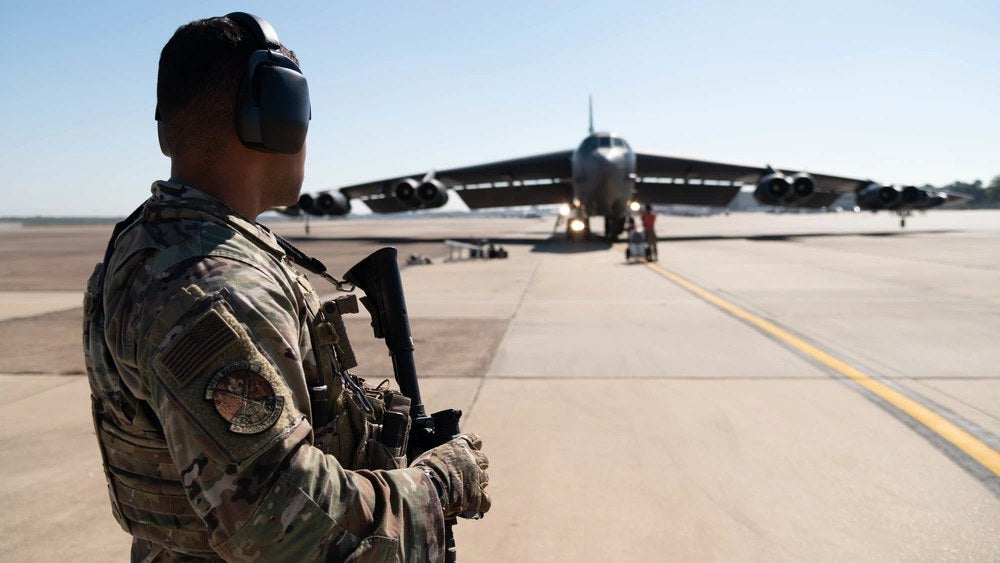 Illustrative file photo. A 2nd Security Forces Squadron airman guards a B 52H Stratofortress at Barksdale Air Force Base, Louisiana, during Global Thunder in November 2021. Barksdale was locked down twice on Sept. 18, 2026, including after a shooting
