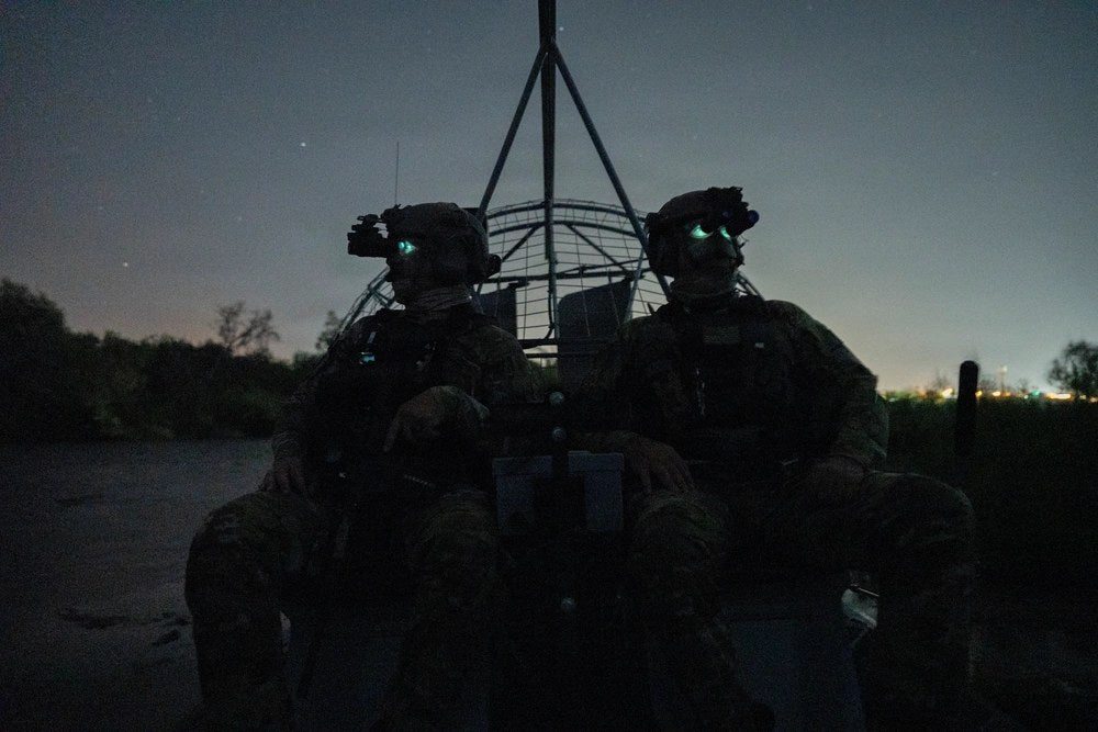 U.S. Coast Guard members assigned to Coast Guard Forces Rio Grande conduct a nighttime airboat patrol on the Rio Grande, Sept. 2, 2026. Coast Guard personnel returned fire later that month after shots came from the Mexican side of the river near Garceno,