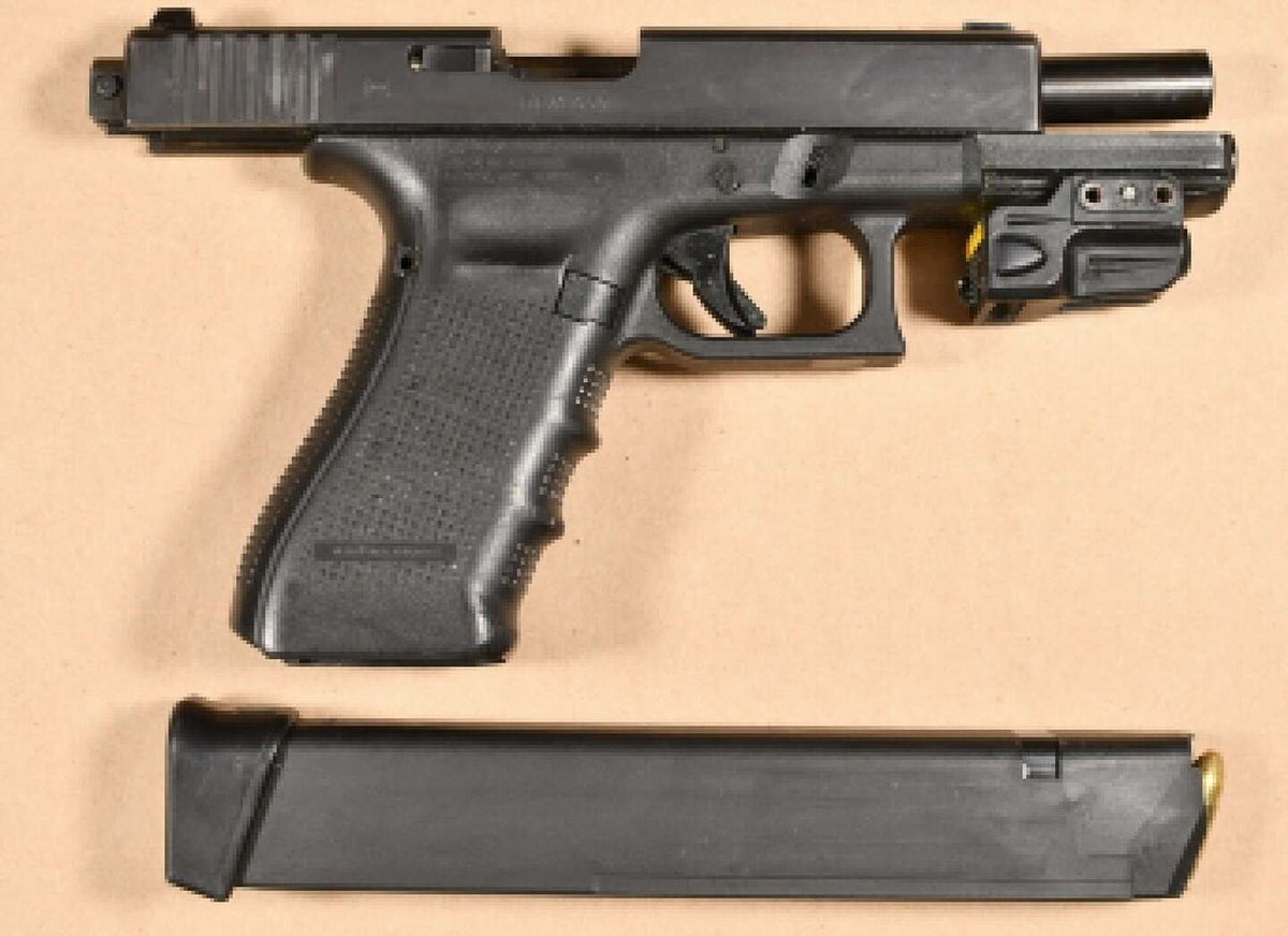 A Glock pistol equipped with a machine gun conversion device. Connecticut’s blocked law targeted the future sale of certain unconverted pistols the state considers readily convertible to automatic fire. Machine gun conversion devices themselves remain