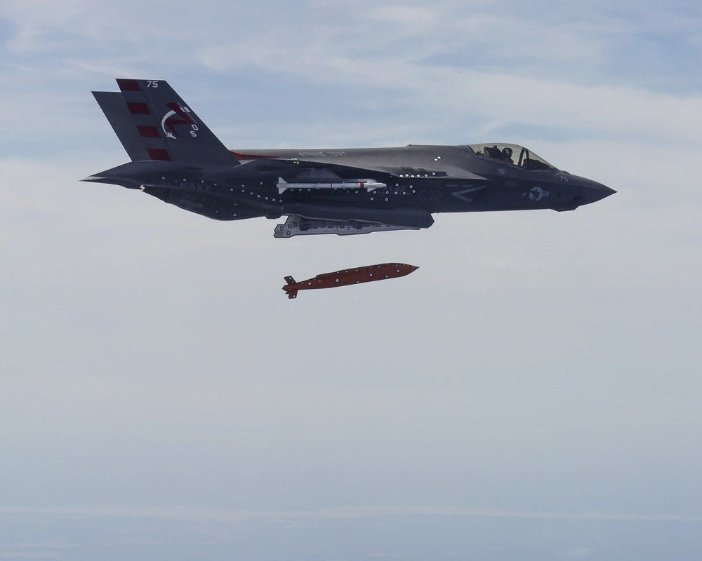 An F-35C releases an inert AGM-154 Joint Standoff Weapon during testing over the Atlantic Test Ranges in 2016. The Pentagon is investigating whether a JSOW employed during U.S. strikes in Iran on Sept. 1 missed its intended target and struck a nearby