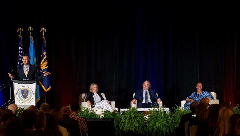 Federal health officials discuss the Federal Electronic Health Record during the Defense Health Information Technology Symposium in New Orleans on Aug. 9, 2023. The panel included Dr. Leslie Sofocleous of the Department of Veterans Affairs Electronic