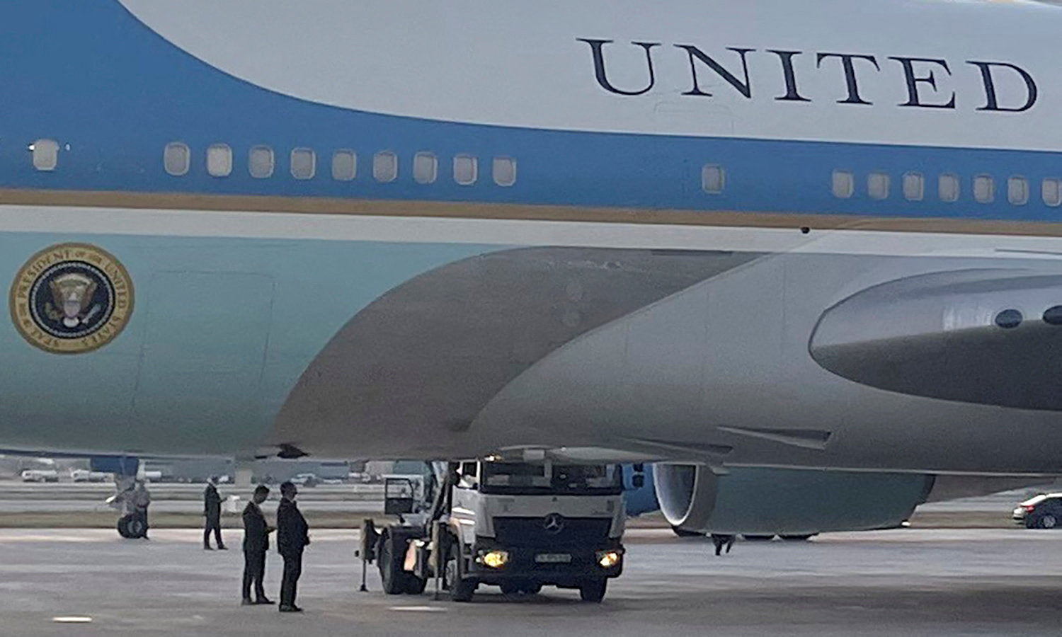 A catering truck is parked next to Air Force One, before U.S. President Donald Trump's departure from Ankara en route to Washington after his participation in the NATO leaders' summit, at Ankara Esenboga Airport in Ankara, Turkey, July 8, 2026.