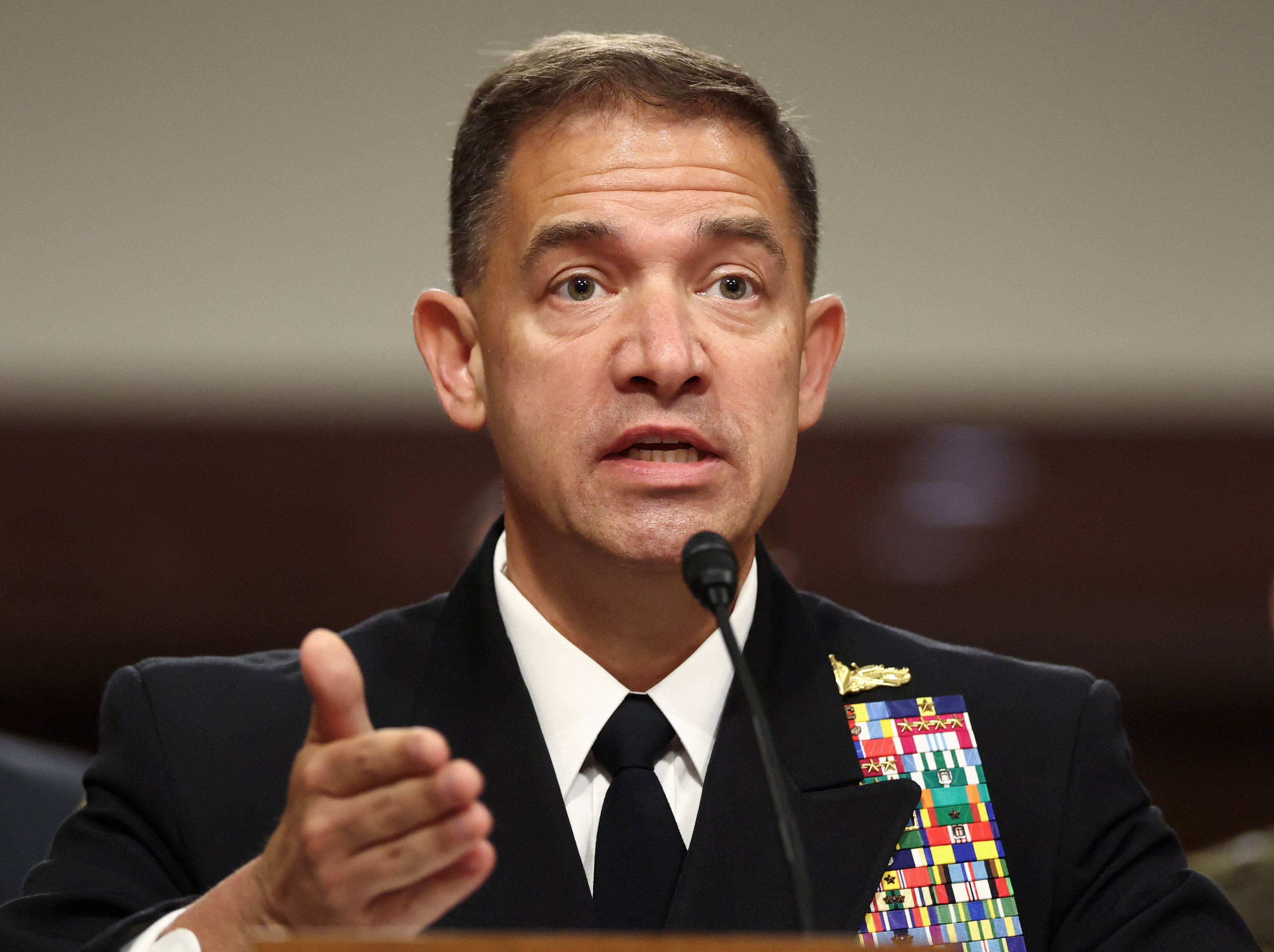 U.S. CENTCOM Commander Admiral Brad Cooper testifies before the Senate Armed Services Committee on "The Posture of the U.S. Central Command and U.S. Africa Command in Review" on Capitol Hill in Washington, D.C., U.S., May 14, 2026. REUTERS/Kevin