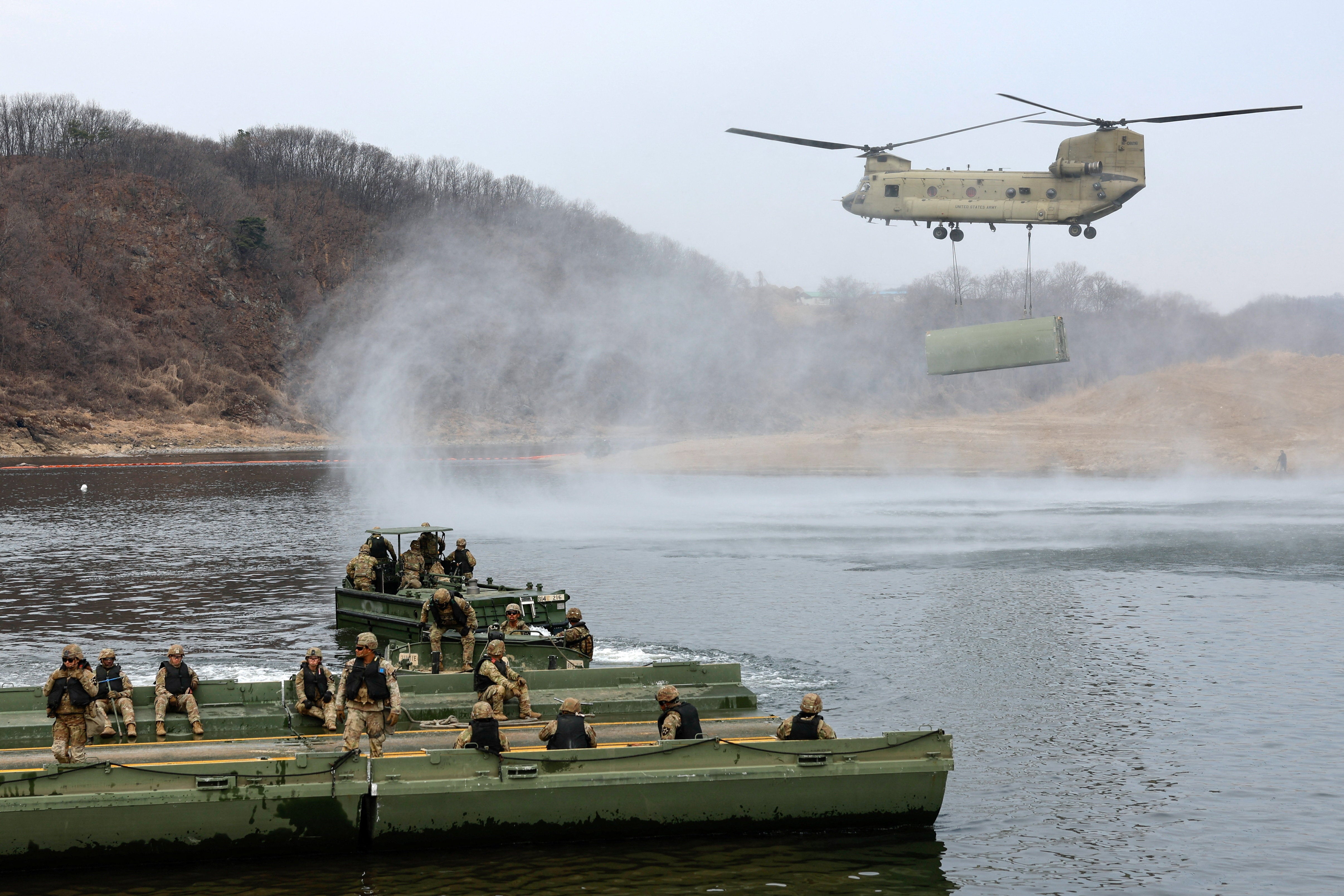 U.S. army soldiers take part in a U.S.-South Korea joint river-crossing exercise, which is a part of the annual Freedom Shield joint military training, near the demilitarized zone separating South and North Korea, in Yeoncheon, South Korea, March 14,
