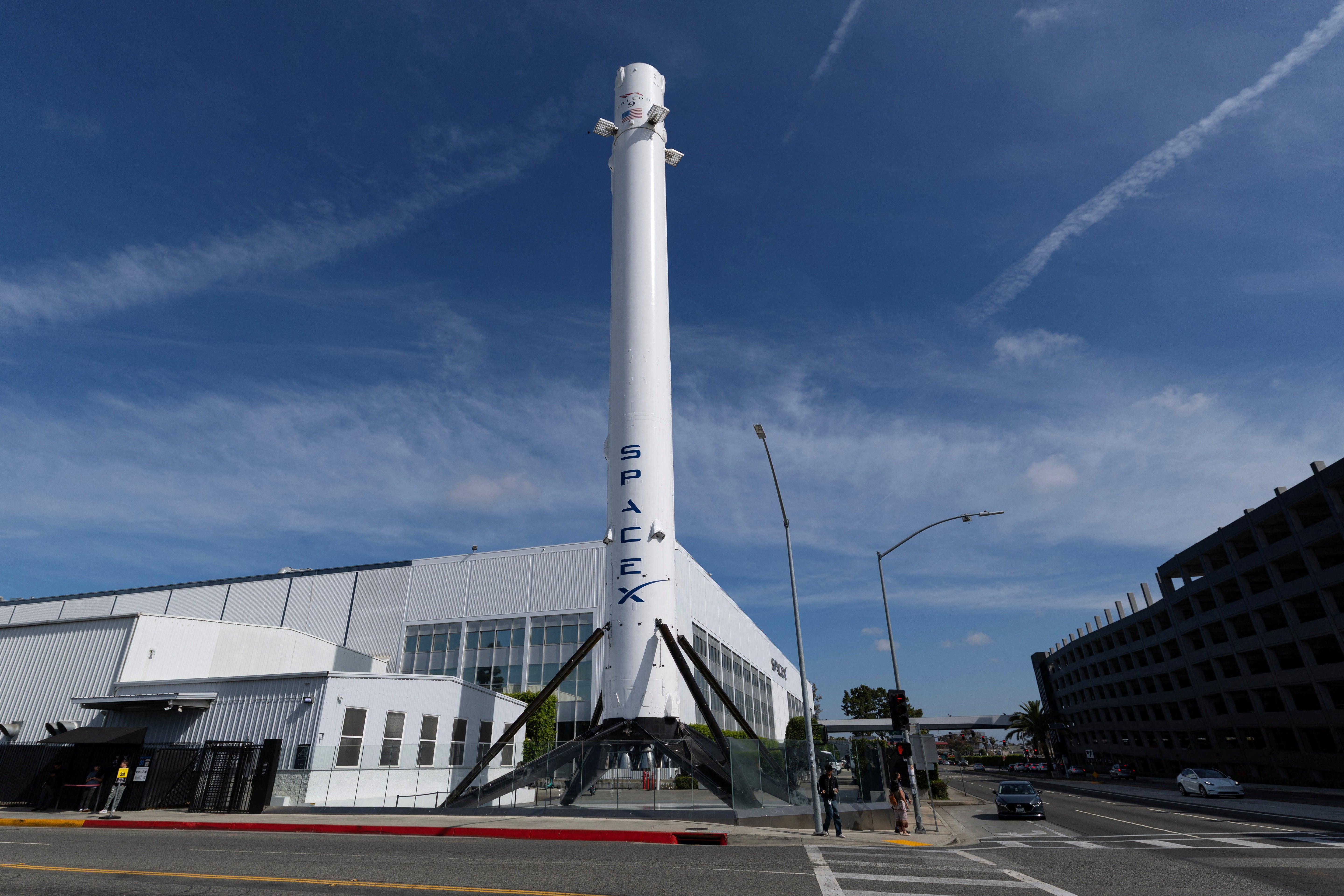 The SpaceX facility and a Falcon 9 rocket booster are shown, as the company prepares to file for an initial public offering (IPO), in Hawthorne California, U.S., April 23, 2026. REUTERS/Mike Blake