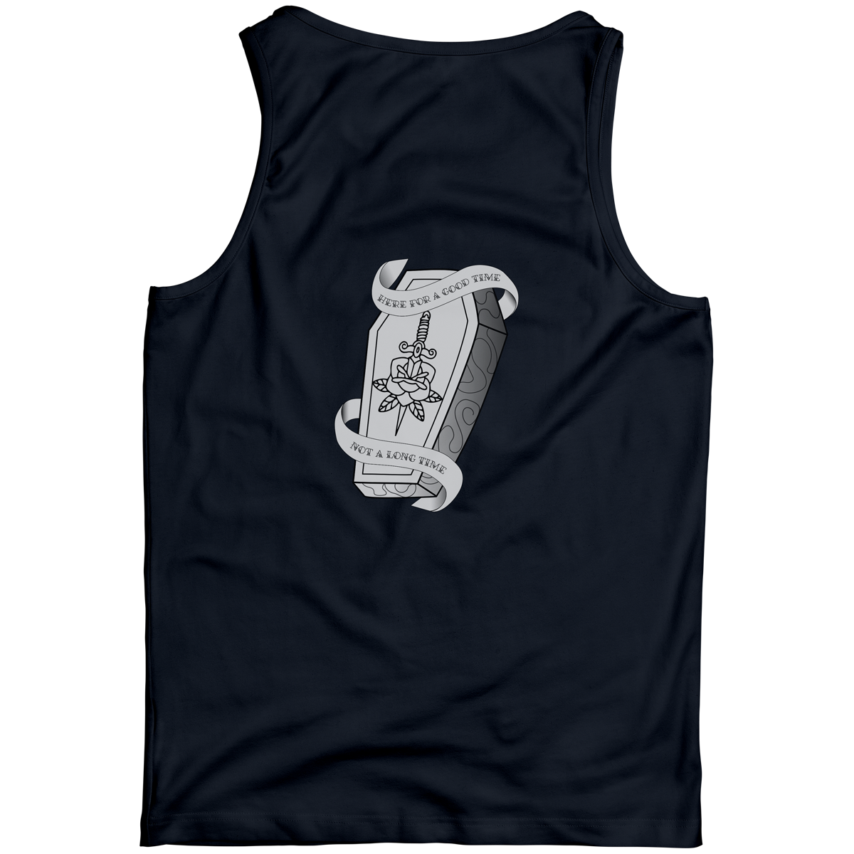 HERE FOR A GOOD TIME TANK NAVY BACK