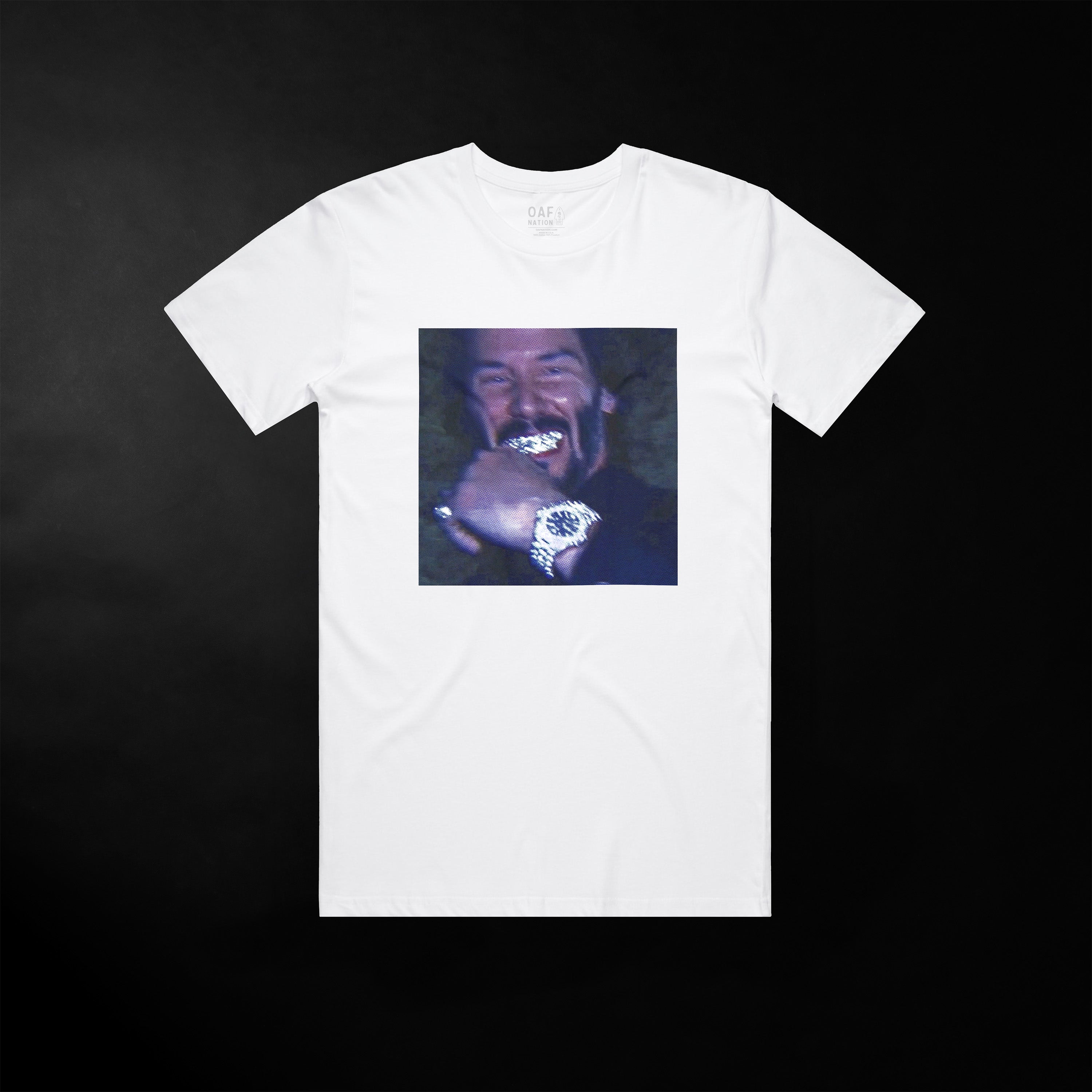 White t-shirt with a graphic of a man with a smiley face and necklace on a black background