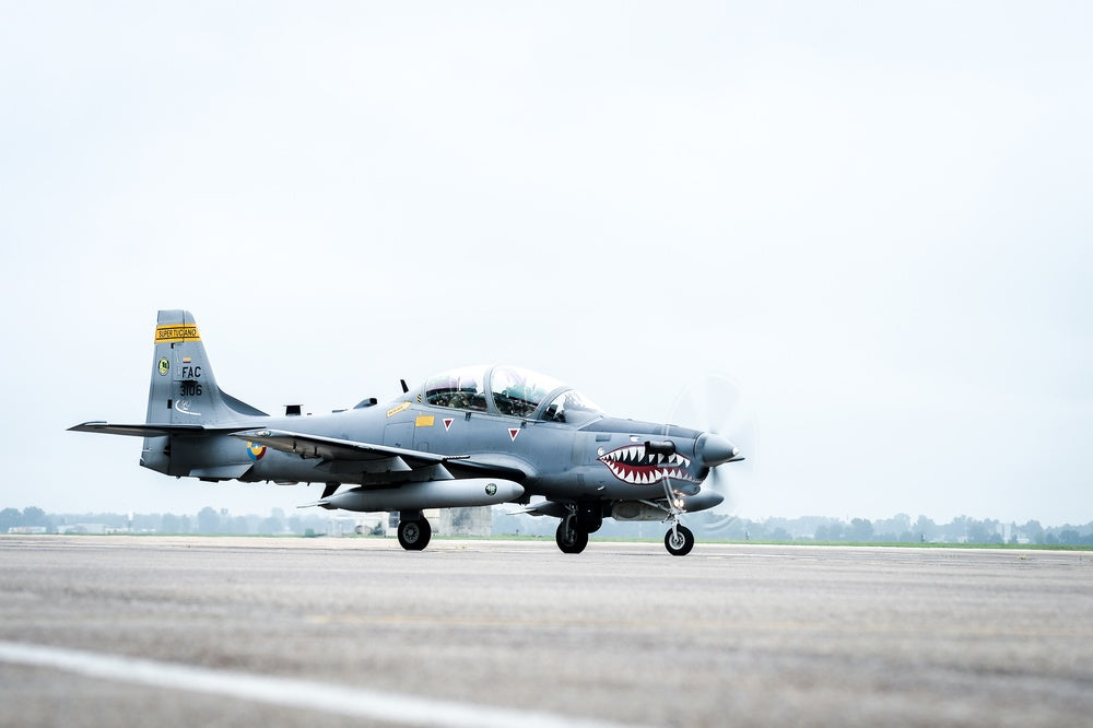 A Colombian Air Force A-29B Super Tucano taxis during a joint exercise with U.S. forces at Barksdale Air Force Base,