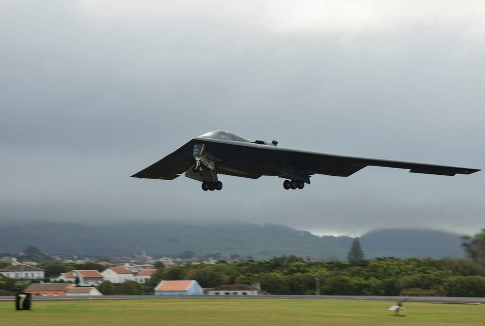 A B-2 Spirit stealth bomber, assigned to Whiteman Air Force Base, Missouri, departs Lajes Field