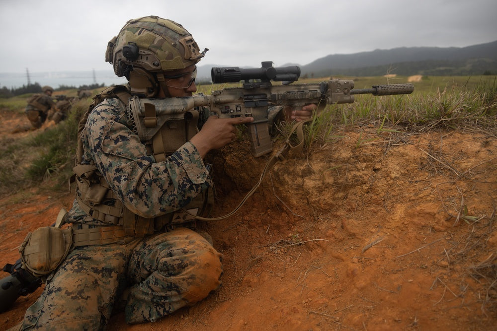 U.S. Marines with Battalion Landing Team 2/1, 31st Marine Expeditionary Unit, fire at targets during a live-fire exercise at Camp Hansen, Okinawa