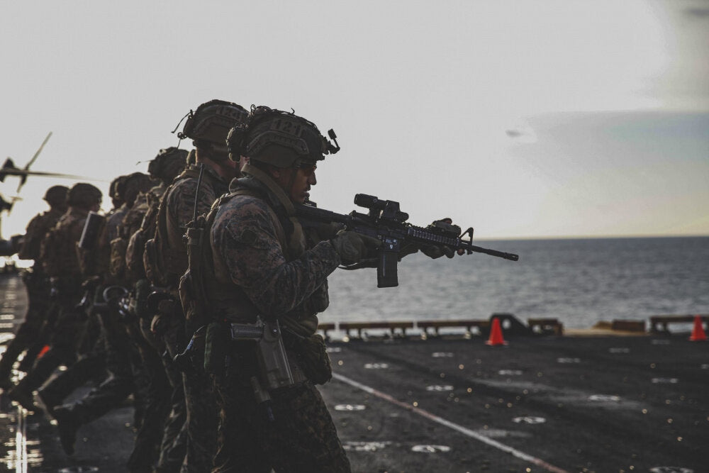 Marines with the 24th Marine Expeditionary Unit (MEU) participate in a live-fire range aboard the USS Iwo Jima (LHD 7) on April 16, 2021. (Photo courtesy DVIDSHUB)