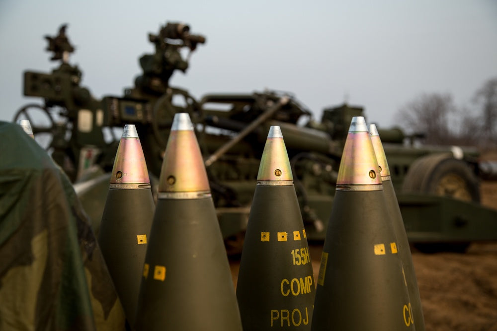  M795 High Explosive (HE) Projectile 155 mm rounds are prepped and staged to conduct field artillery training on Warrior Base, New Mexico Range