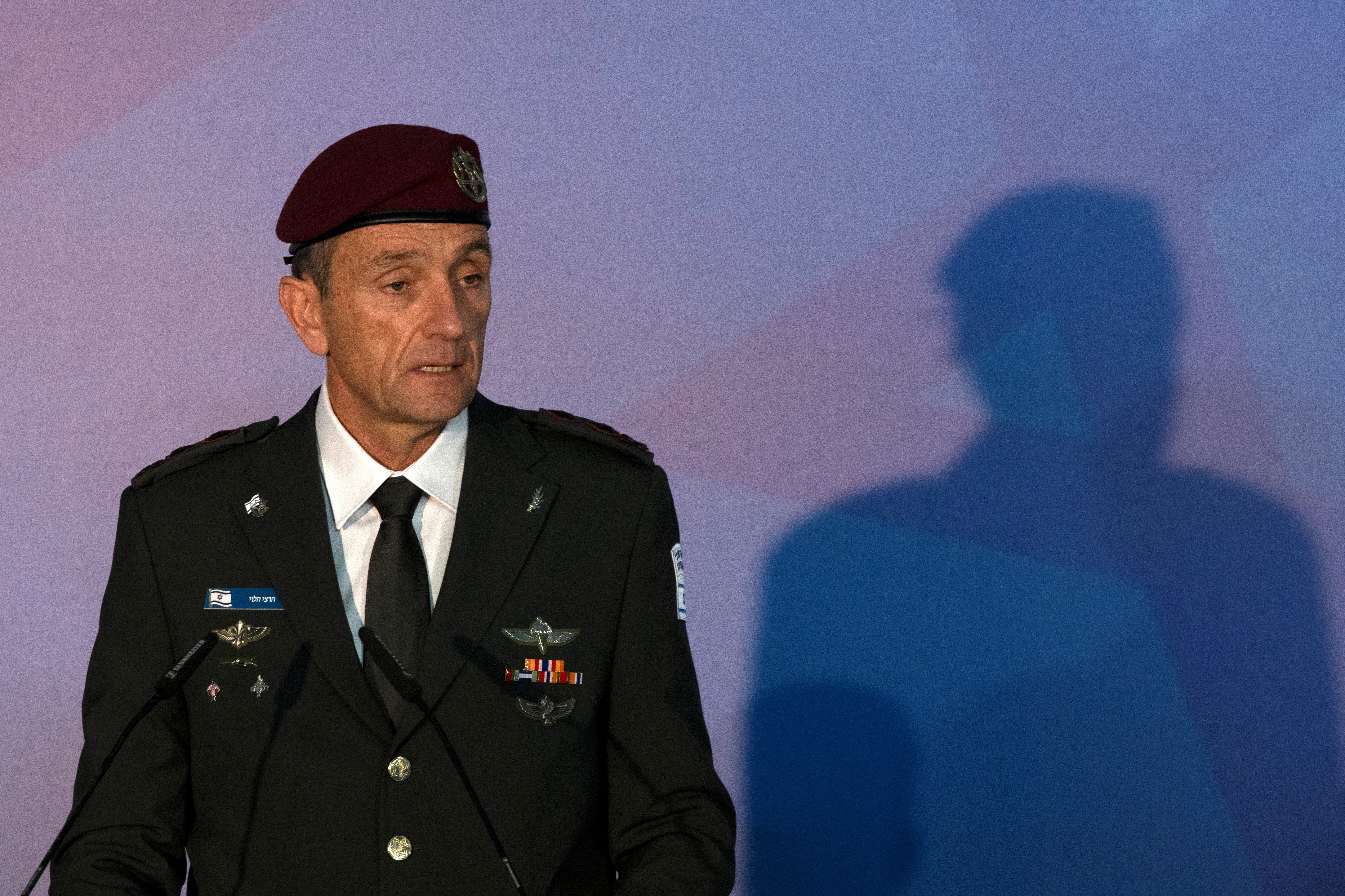 srael Defense Forces Chief of Staff Herzi Halevi speaks during his transition ceremony with the Prime Minister, Defense Minister, and the outgoing chief, in Jerusalem