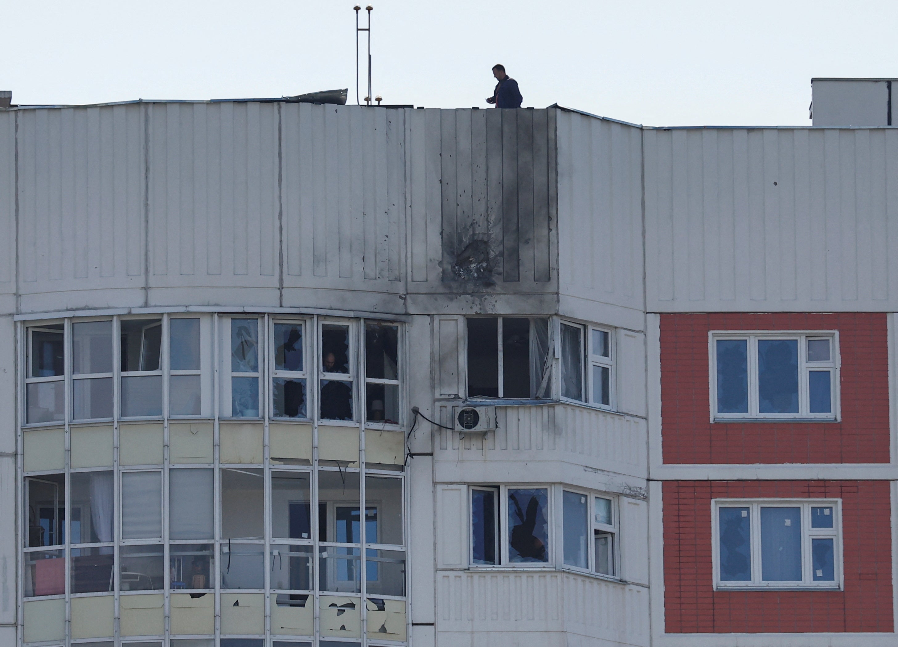  view shows a damaged multi-storey apartment block following a reported drone attack in Moscow, Russia