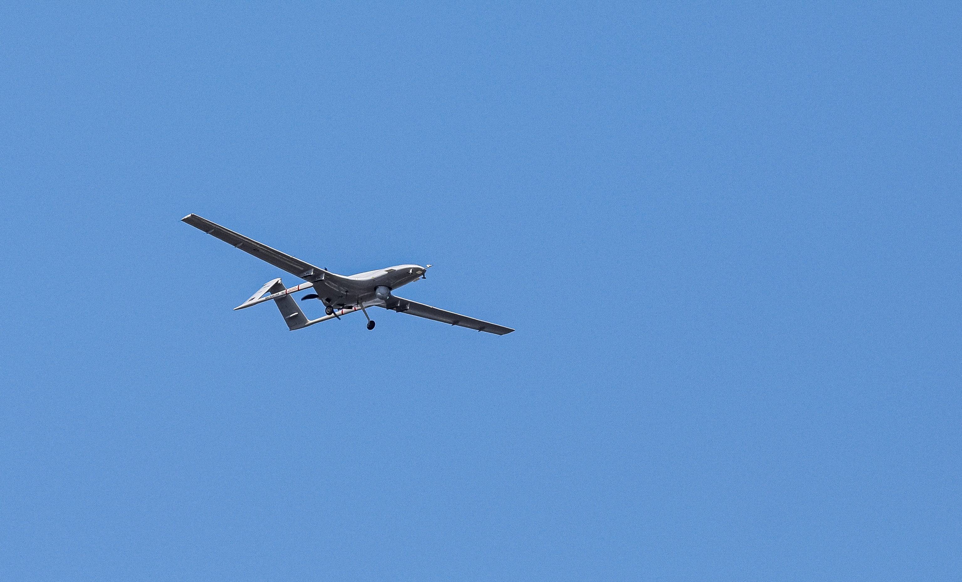 A Bayraktar TB2 unmanned combat aerial vehicle is seen during a demonstration flight at Teknofest aerospace and technology festival in Baku, Azerbaijan