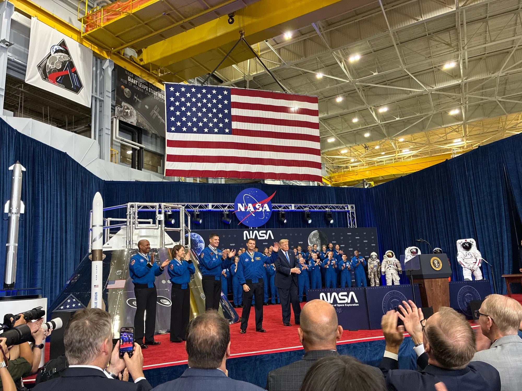 President Donald Trump appears with the Artemis II crew at NASA’s Johnson Space Center in Houston on Aug. 28, 2026. During the visit, Trump signed an order beginning the process of establishing a new U.S. Space Academy. (NASA)