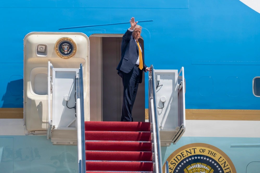President Donald Trump waves from Air Force One at Joint Base Andrews, Maryland, May 12, 2026. U.S. Air Force photo by Staff Sgt. Alex Broome.