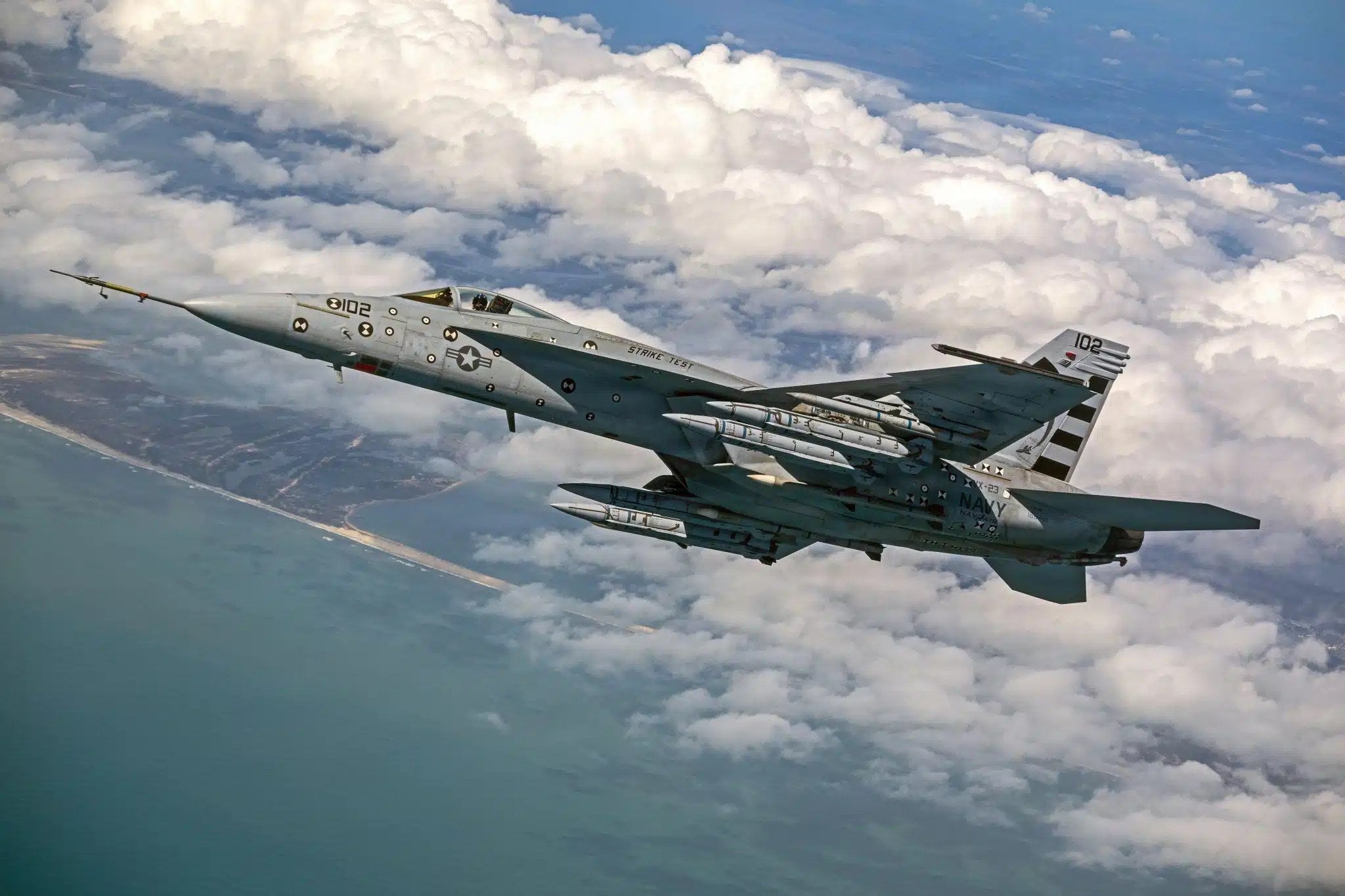 “U.S. Navy File Photo - Four AIM-424 Long Range Air-to-Air Missiles (LRAAM) are loaded on an F/A-18E Super Hornet for a test event. The AIM-424 LRAAM is the Department of the Navy's next-generation, long-range air-to-air missile, built to give Marine and