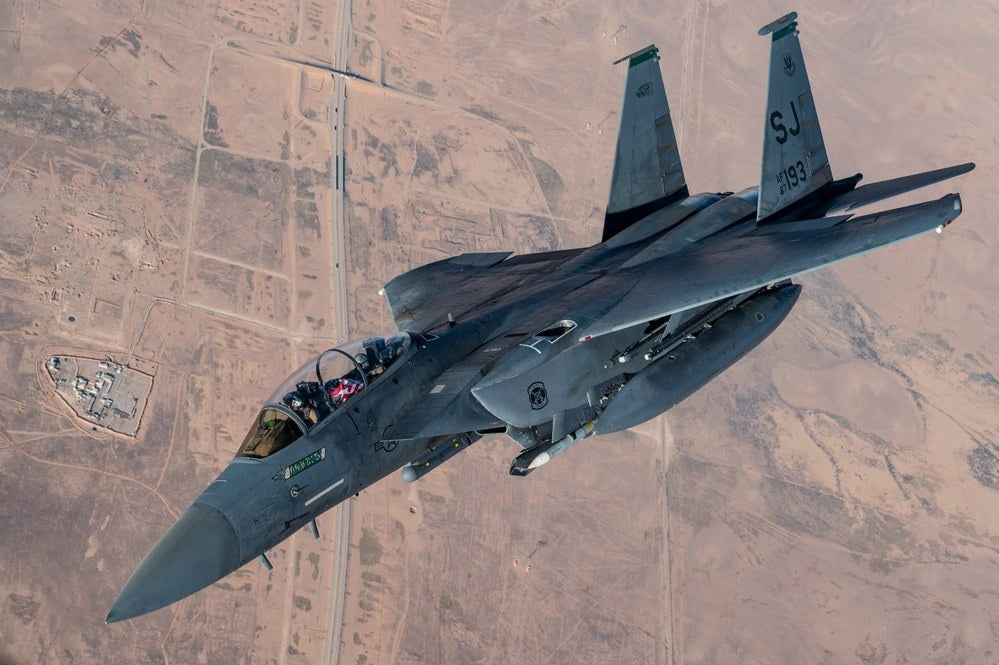 A U.S. Air Force F-15E Strike Eagle flies over the U.S. Central Command area of responsibility on Aug. 28, 2024. The Air Force awarded Boeing a new F-15 contract Aug. 24, 2026, with a maximum ceiling of $131.23 billion for production, modernization and